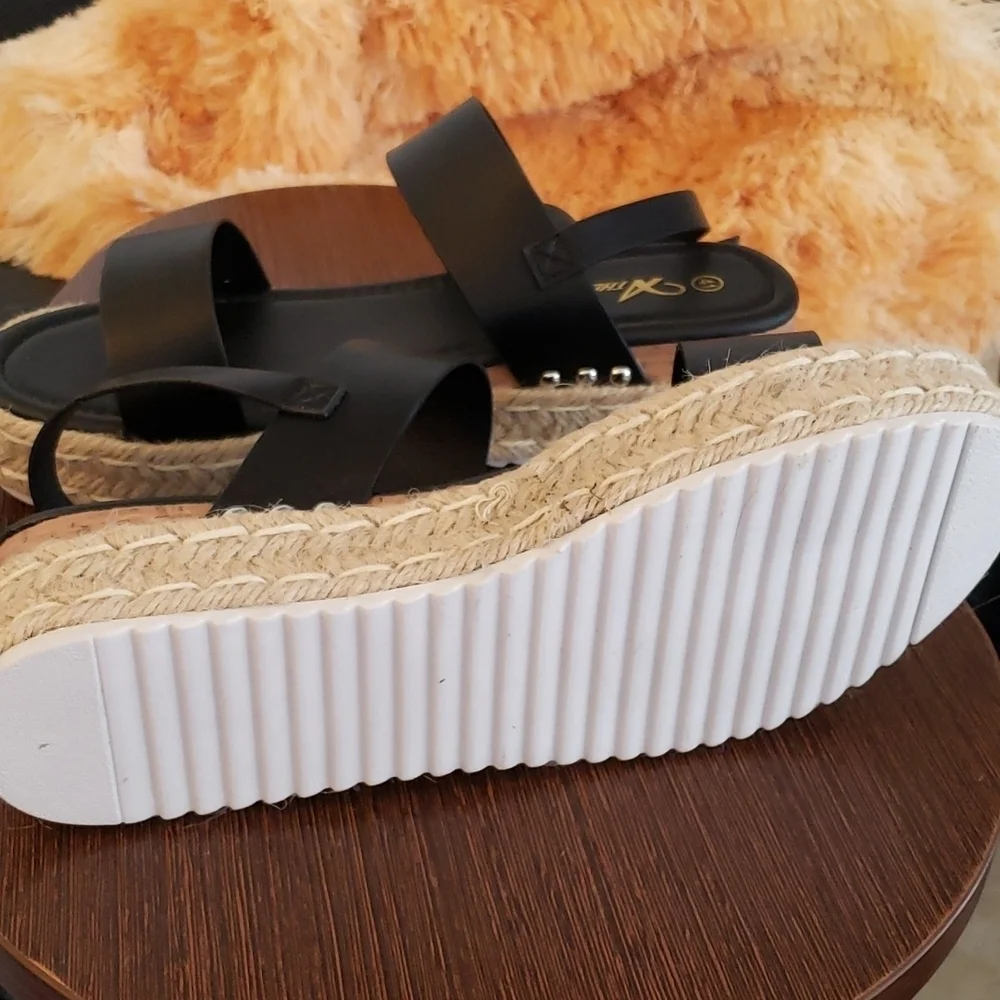 Athlefit Espadrilles Platform Wedge Open Toe Black Sandals Size 11